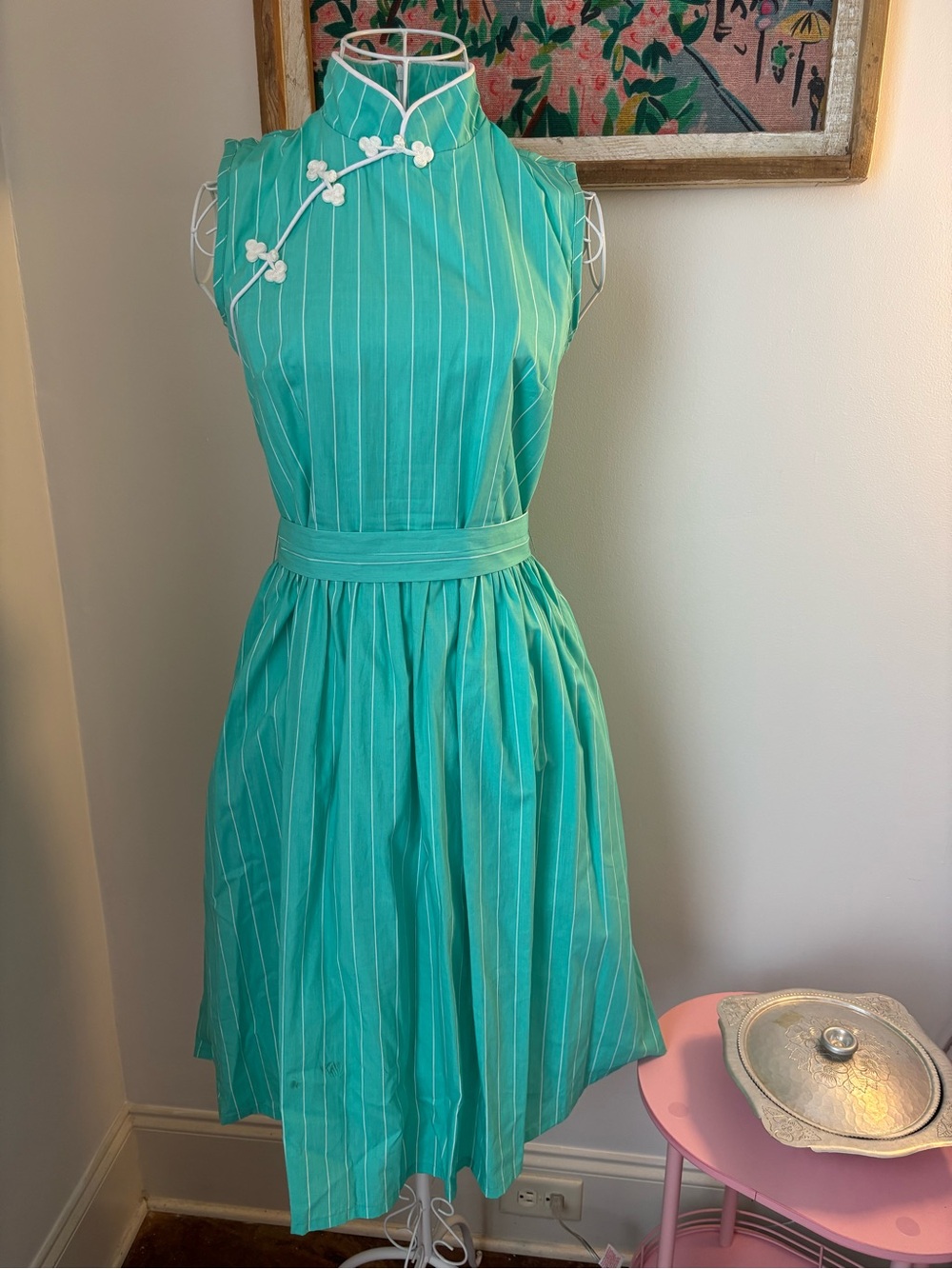 Happy Yellow Dress Sleeveless Mint Pinstripe Midi Dress with Mandarin Collar